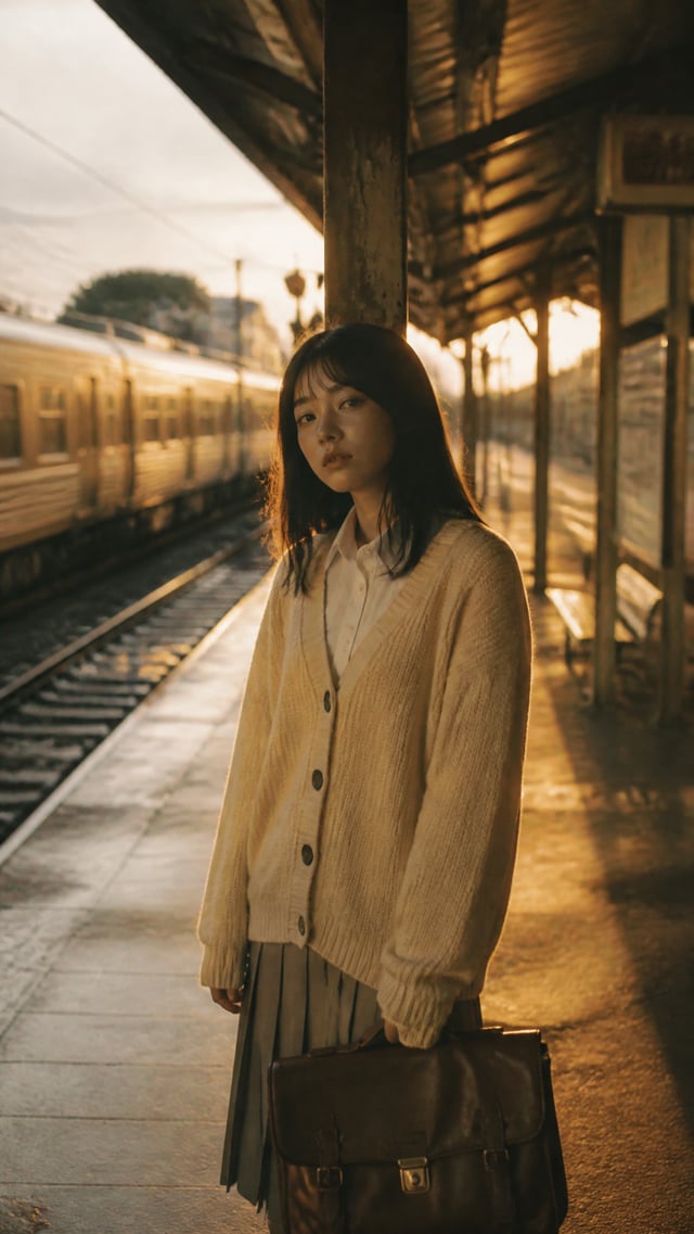 A cinematic photograph of a young Japanese woman in her early 20s standing alone on an empty train p
