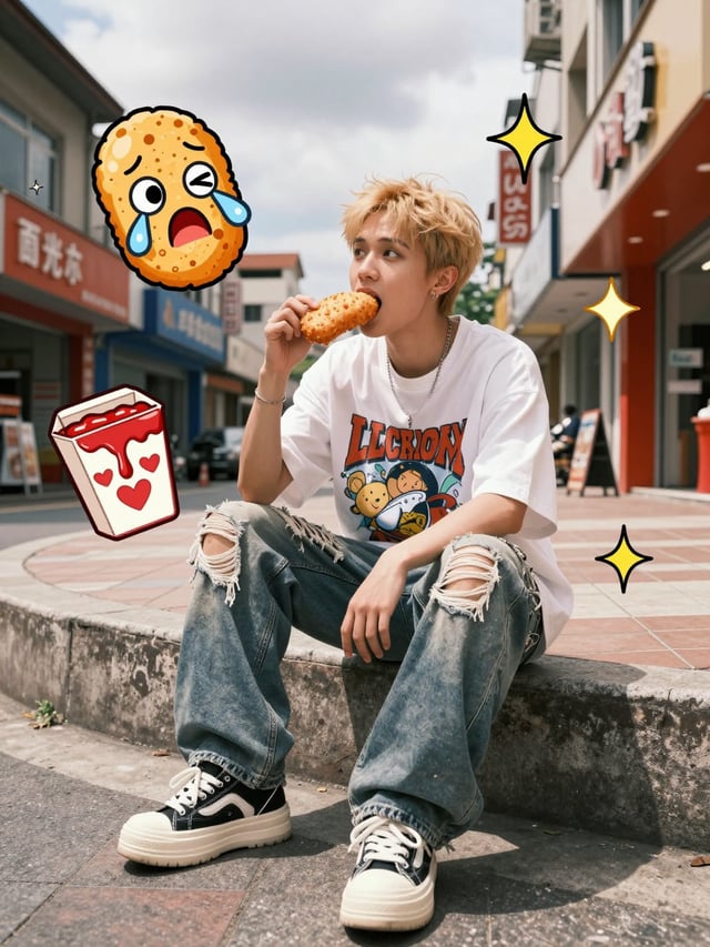 face, sitting casually on a low wall, eating a cartoon-style street snack held up to mouth. Wears an