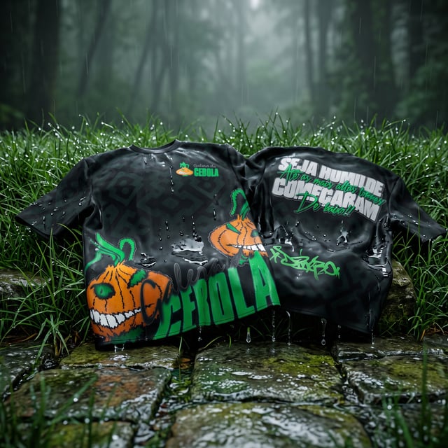 Close nas duas blusas jogadas no chao molhado ,grama verde fresca e vibrante após a chuva, gotas cri