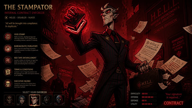MOBA hero splash art in the style of Venture Bros adult swim cartoon, demonic bureaucrat character i