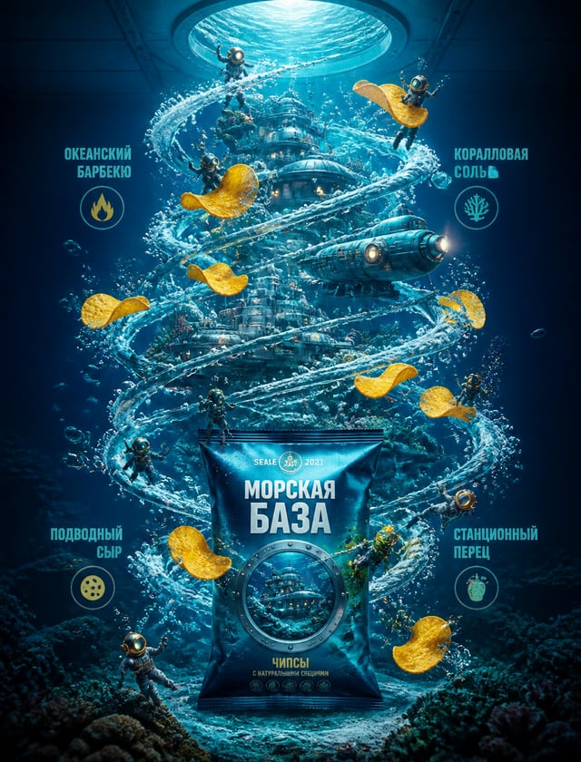 Sealab 2021 — бренд «МОРСКАЯ БАЗА»Ультра-детализированный постер чипсов «МОРСКАЯ БАЗА» в ретро-подво