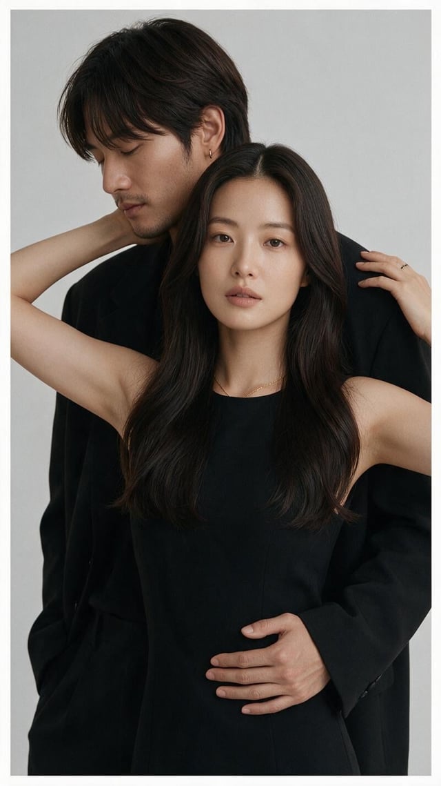 Create an ultra-realistic high-end studio editorial portrait of a young adult East Asian couple dres