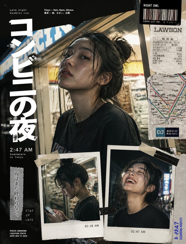 Y2K日系街头编辑拼贴海报，东亚面孔年轻女性，深夜便利店门口，微醺疲惫眼神却带着倔强，自然皮肤纹理光泽双唇凌乱高扎发髻，便利店暖黄灯光与街头冷蓝霓虹交织的柔和戏剧布光，自信中带着一丝疏离的表情，RAW