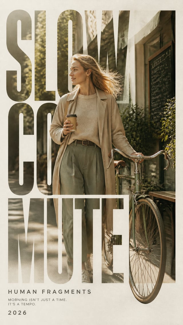 Create a 9:16 editorial typography poster from a single human-centered lifestyle moment.Use oversize