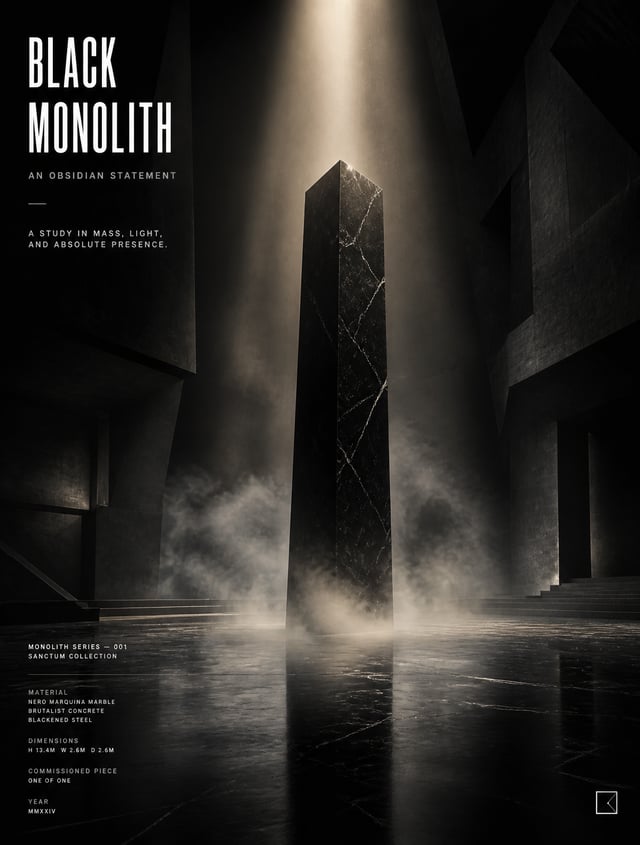 BLACK MONOLITHPromptA towering obsidian black marble monolith rises from the center of a vast archit