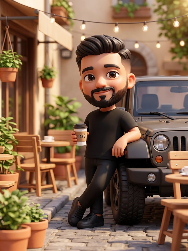 A cute 3D chibi-style character leaning against a parked mini chibi Jeep, wearing a clean monochrome