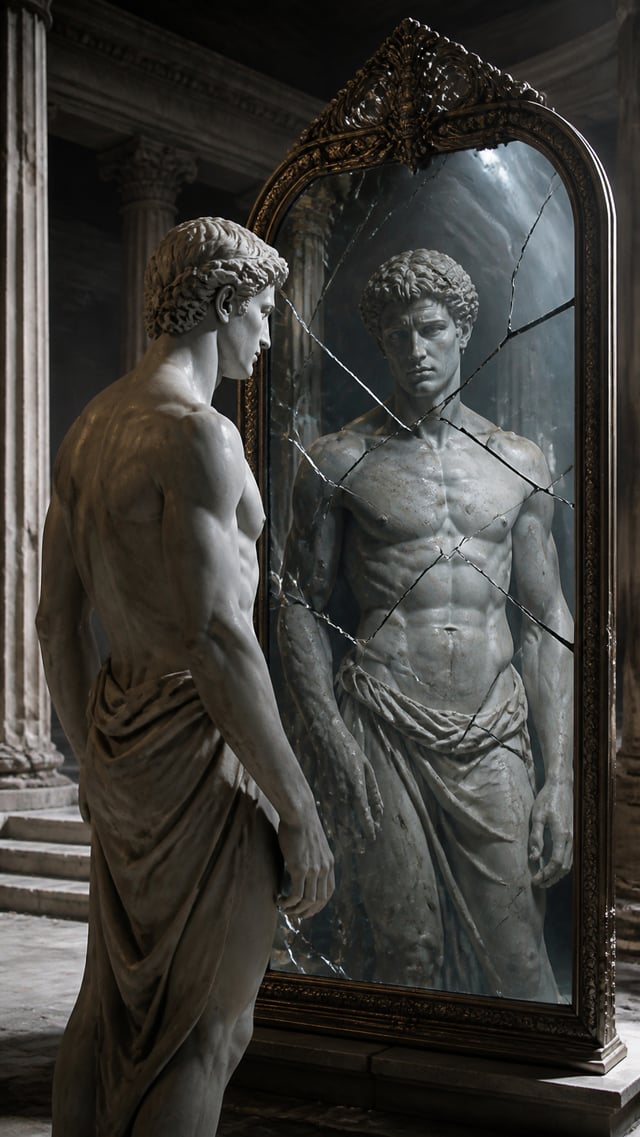 stoic male marble statue standing before a giant cracked mirror, reflection distorted and fragmented