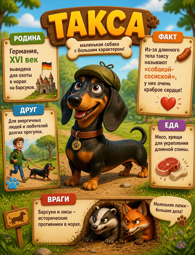 Детская инфографика-энциклопедия в стиле 3D Pixar. В центре — длинная и забавная такса на коротких л
