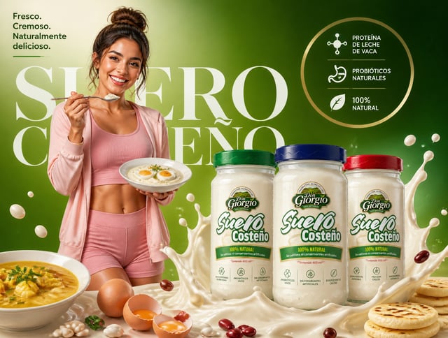 Cartel publicitario de Suero Costeño ultra-premium, campaña de productos lácteos de lujo, anuncio ga