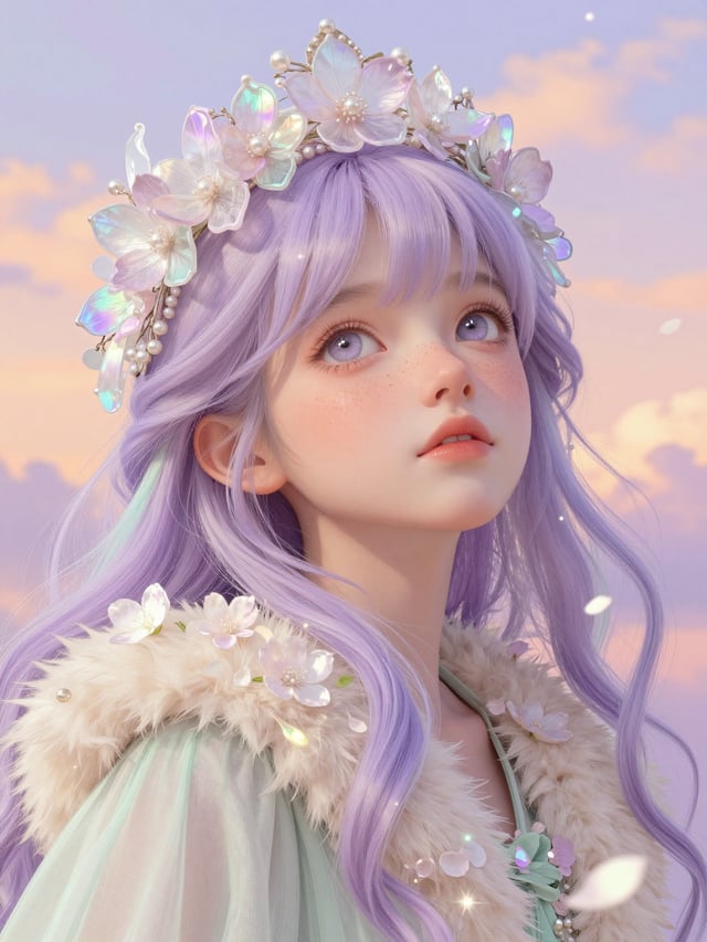 low-angle close-up portrait of a girl gazing upward with a calm, dreamlike expression. She has large