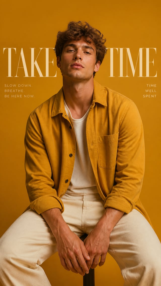 Premium editorial campaign.Main Subject: Young male model wearing a vivid mustard overshirt.Pose: Re