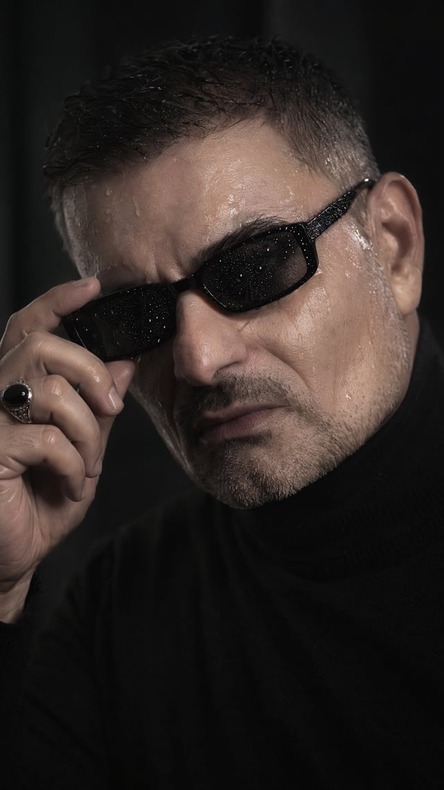 Primer plano cinematográfico ultrarrealista de un hombre con la piel húmeda.Toca suavemente unas gaf