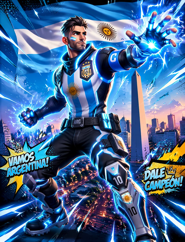 Argentina Fortnite StyleАргентинский капитан в стиле Fortnite, неоновая экипировка, динамическая поз