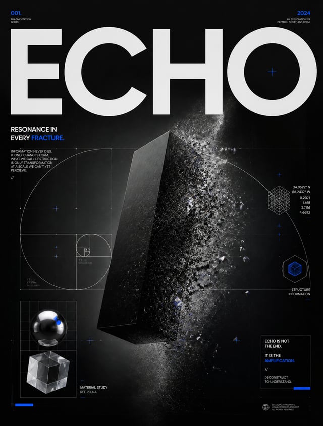 A premium abstract Swiss editorial poster titled "ECHO". A floating black monolith fractures into th