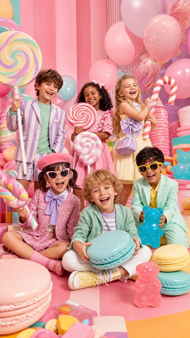 A playful studio photoshoot featuring six different children wearing colorful designer outfits inspi