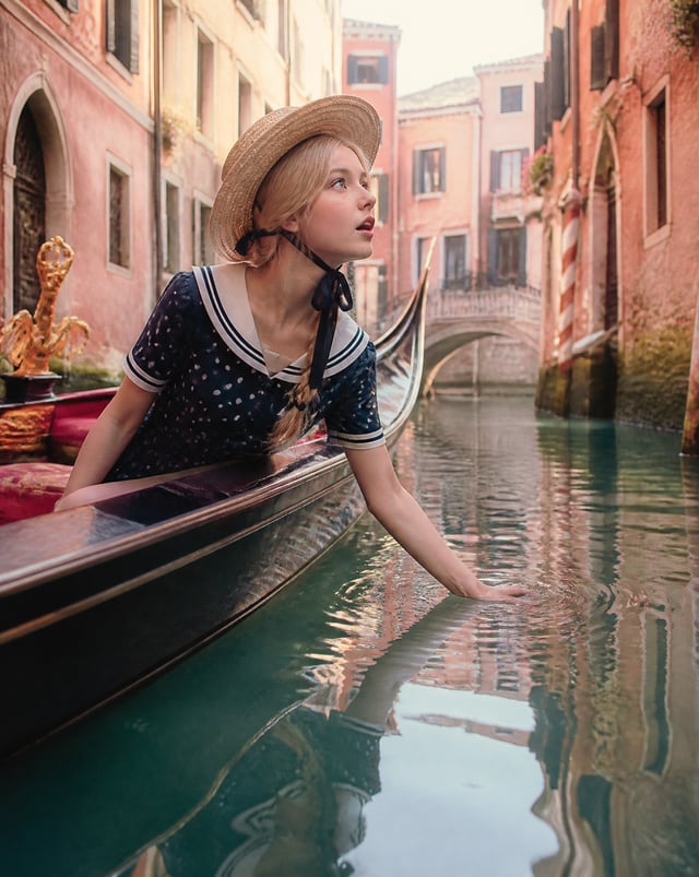 A super cute image based on the attached photo in Venice, Italy.Location: On a gondola gliding throu