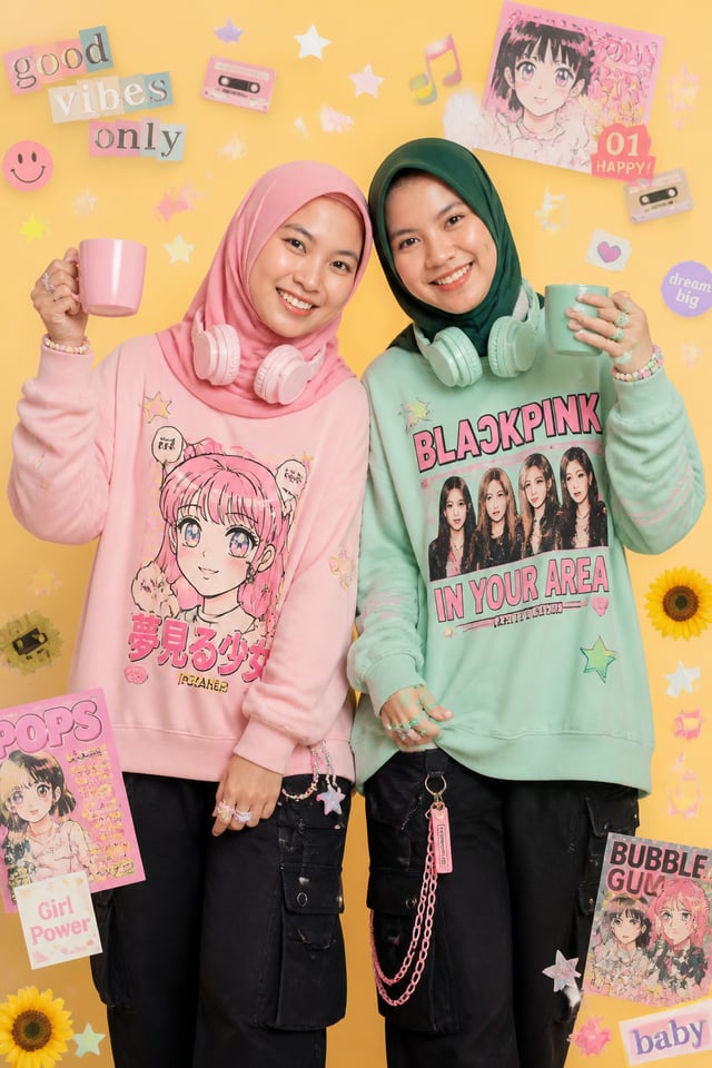 Playful kawaii-inspired studio fashion editorial featuring a cheerful [image1] with a stylish pink h