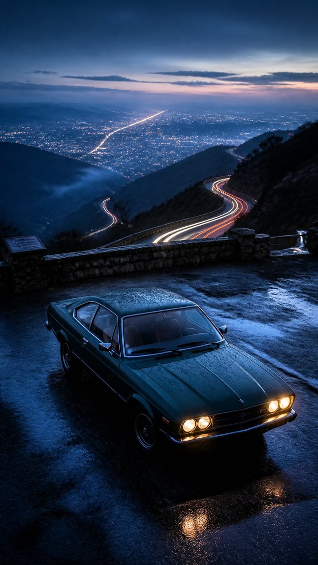 A dark emerald retro coupe stopped at a mountain lookout along a winding road above the lights of a 