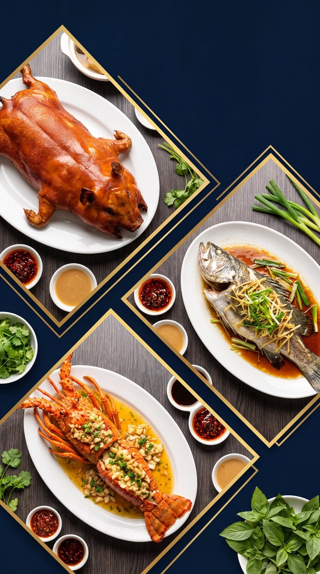 A professional culinary advertisement layout showcases high-end banquet dishes arranged on a dark wo