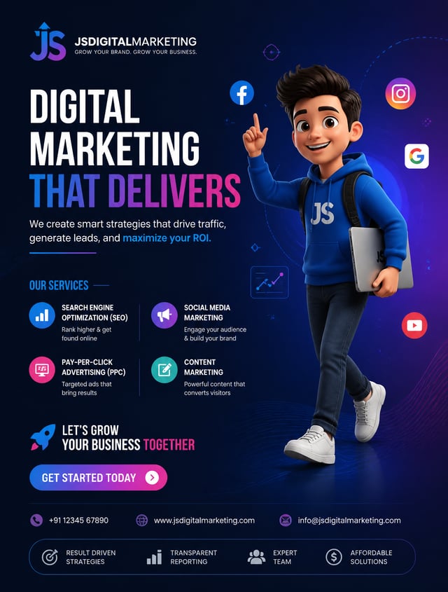 a professional digital marketing poster design for JSdigitalmarketing, featuring a sleek and modern 