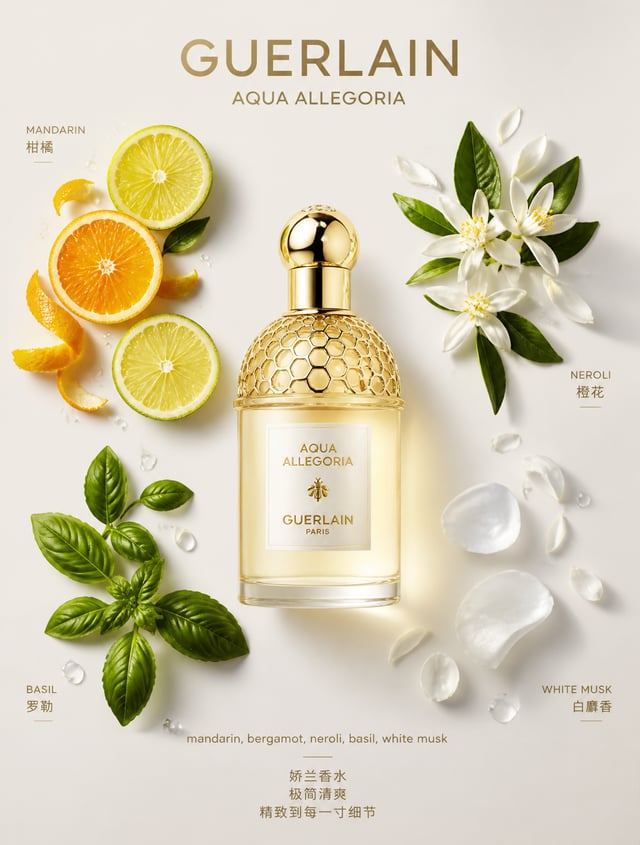 Create an ultra-premium advertising poster for Guerlain perfume, in the visual spirit of the Aqua Al