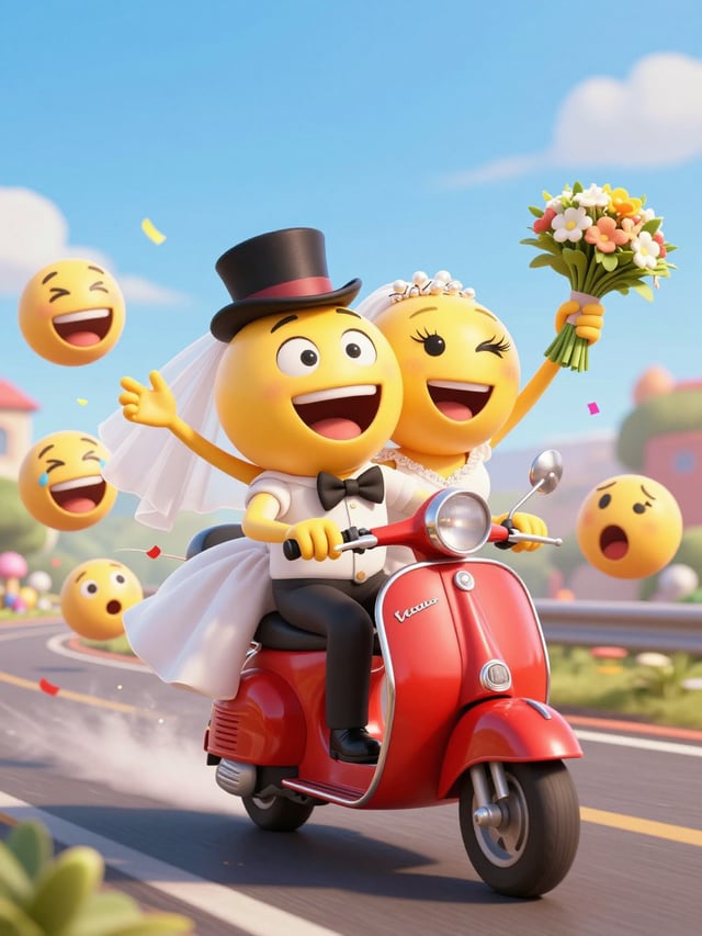 A hilarious and dynamic 3D cartoon wedding poster. Two glossy yellow smiley faces are escaping their