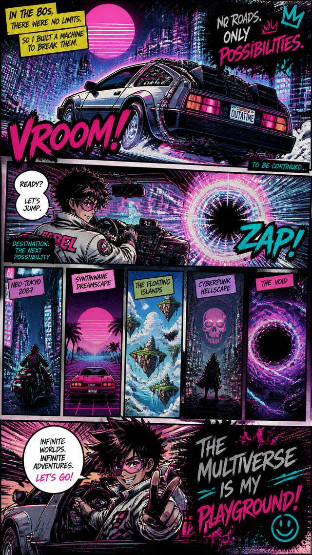 Full-page colored manga illustration of multiversal travel in an 80s retro-future style. 5–7 dynamic