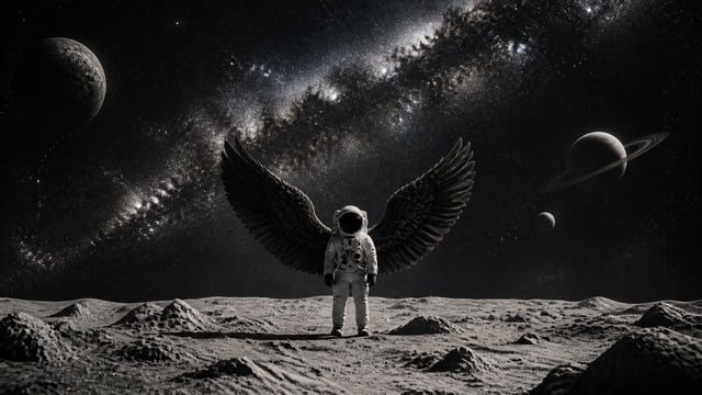 Astronaut in spacesuit standing on the moon wearing big black feathered angel wings.add more galacti