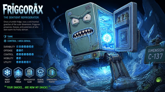 MOBA hero splash art in the style of Rick and Morty adult animated cartoon, sentient vintage refrige