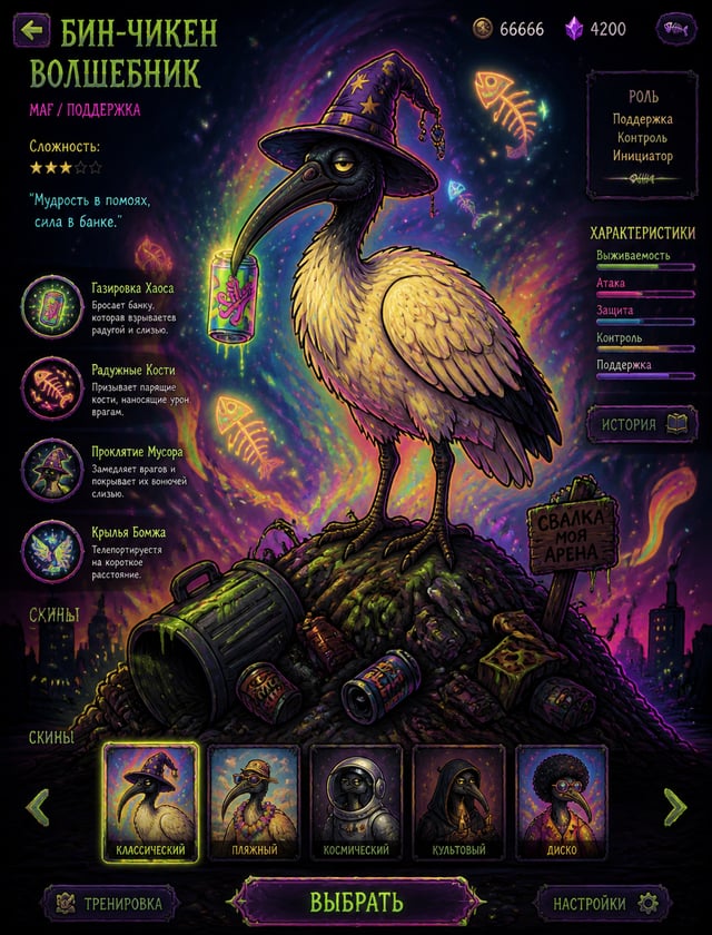 Текст на русском языкеCreate generated MOBA hero screen in Adult Swim "YOLO: Crystal Fantasy" art st