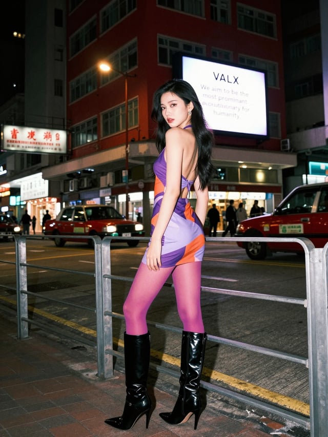 Style & Lighting:High-fashion "night-out" street photography with a cinematic 35mm film aesthetic. T