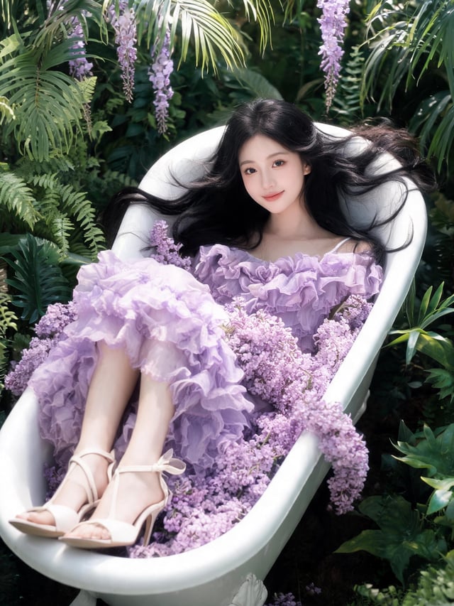 A young woman wearing an elaborate, ruffled lilac purple gown and a black hair flow in air is reclin