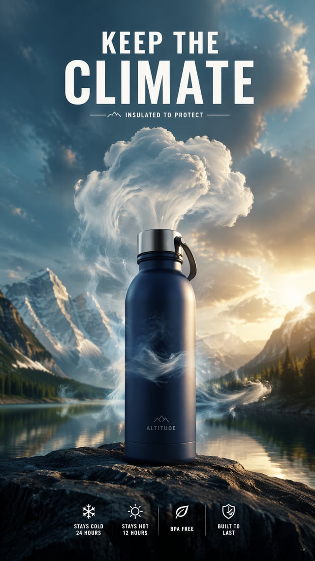 A premium 9:16 outdoor advertising poster.Main Subject:A premium insulated bottle.Each gentle breath