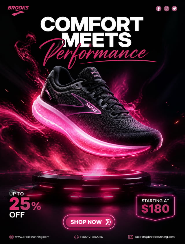 Ultra realistic premium commercial advertisement featuring a Brooks running shoe floating dramatical
