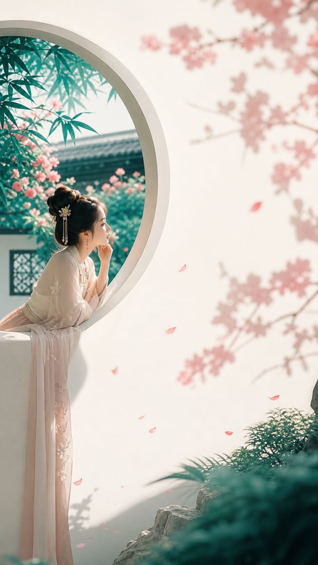 花影入窗。提示词：主题方向：东方禅意极简海报风格分支：女性审美新东方型主体内容：一位倚在月窗边静静看花的古风女子情绪母题：温柔、含蓄、安静中的浪漫感场景与意象：孔雀绿庭院植物、胭脂粉花影、月窗、女子、