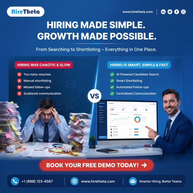 A professional corporate social media post design for an AI recruitment platform named "Hire Theta",