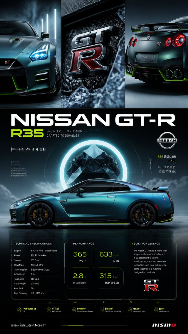 Ultra-premium automotive advertisement poster featuring a Nissan GT-R R35 in a luxury editorial layo