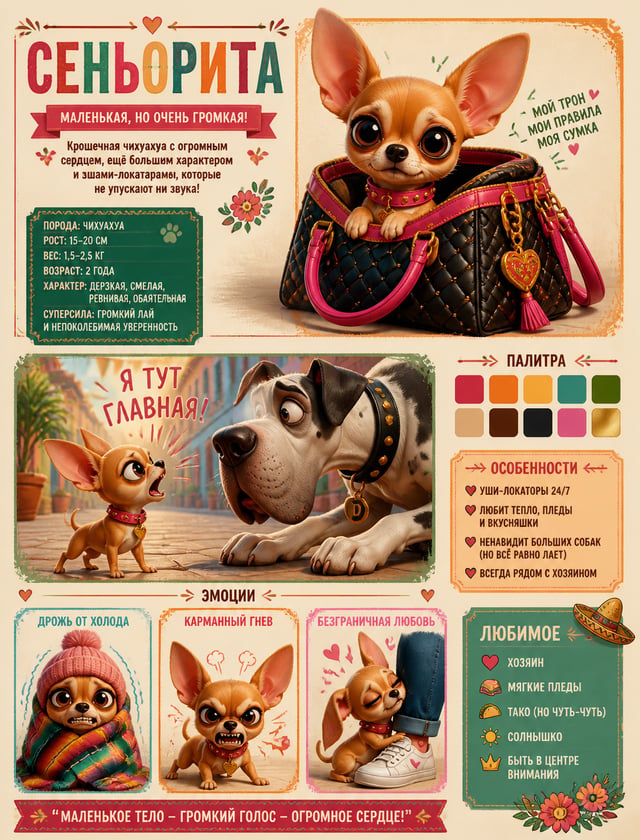 Забавный и динамичный модельный лист персонажа, стиль Pixar. Герой — крошечный чихуахуа с огромными 