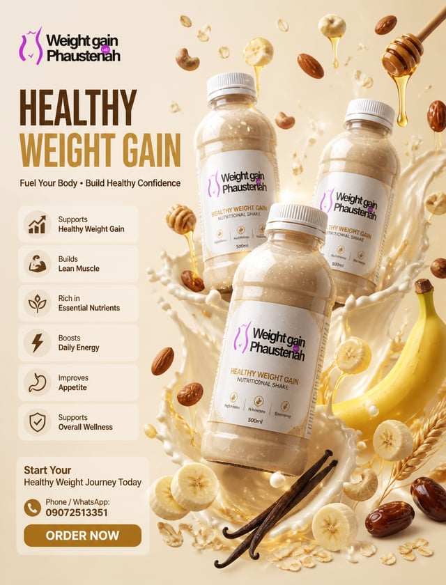 Premium Weight Gain Beverage Advertisement PromptThree premium branded plastic bottles of a Healthy 