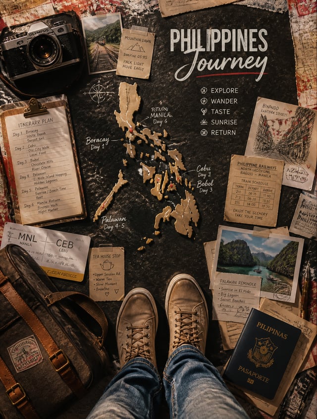 Create an ultra-premium top-down travel planning poster for Philippines, merging extreme tactile rea
