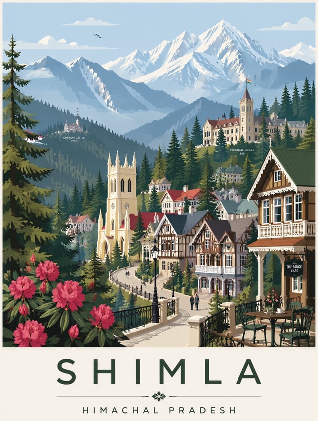 Create a premium editorial travel poster illustration of Shimla, Himachal Pradesh. Style: flat vecto