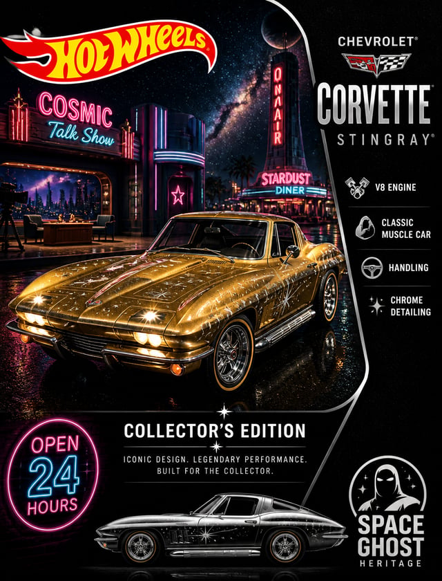 The image is a promotional poster for a Hot Wheels collector's edition of Chevrolet Corvette Stingra