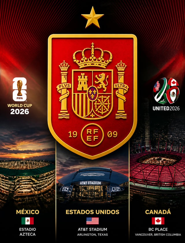 Crear una imagen del escudo de la selección española full HD con los estadios de México Estados Unid