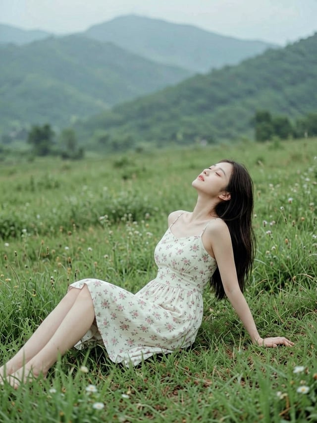 Create a serene and dreamy outdoor portrait of a young woman sitting in tall grass at the edge of a 