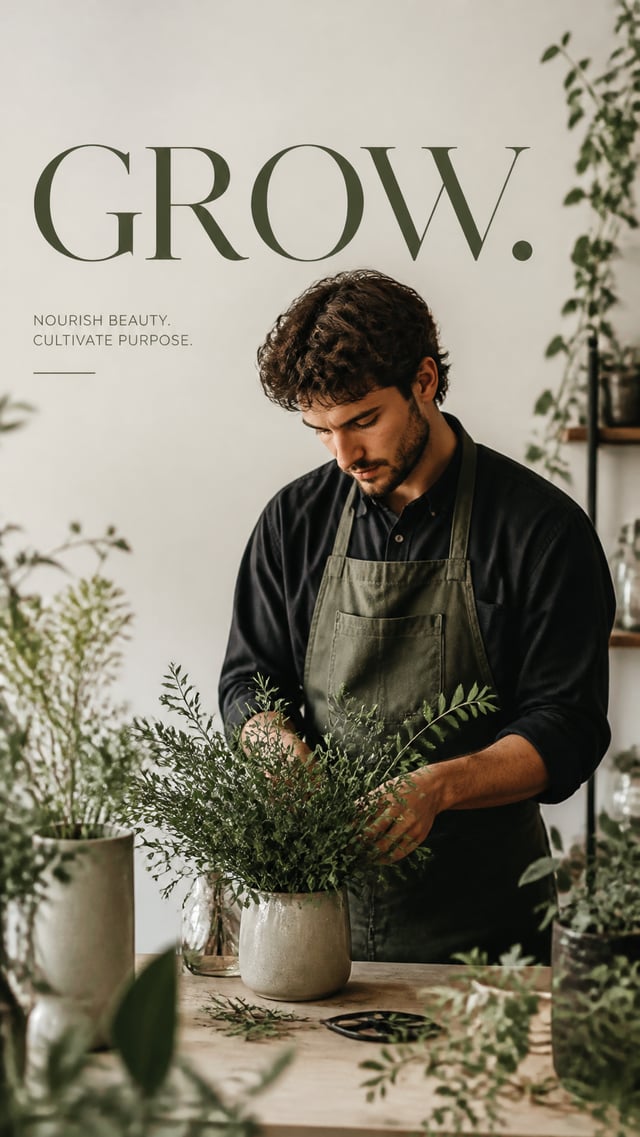 Premium campaign.Main Subject: Young florist man arranging green plants.Minimal botanical studio.Typ
