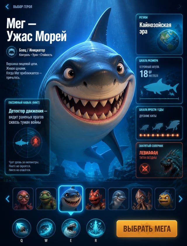 Экран выбора персонажа MOBA-игры в стиле Pixar. Огромная улыбающаяся акула Мегалодон в неоновом подв