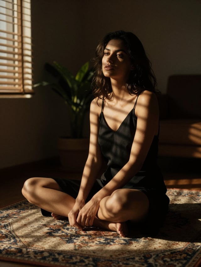 A woman sits cross-legged on a patterned rug within a dimly lit interior, her form partially obscure