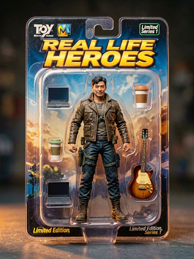 Create a hyperrealistic 3D action figure of the person in this photo, displayed in retail packaging 
