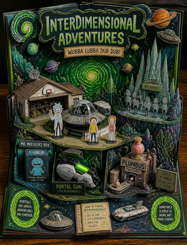 Create a Rick and Morty-themed 3D pop-up papercraft storybook diorama displayed on a rustic wooden t