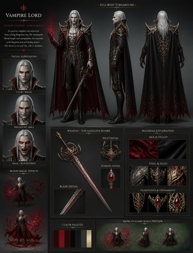 Gothic Vampire LordCreate a detailed character sheet of a Gothic Vampire Lord for a dark fantasy MOB